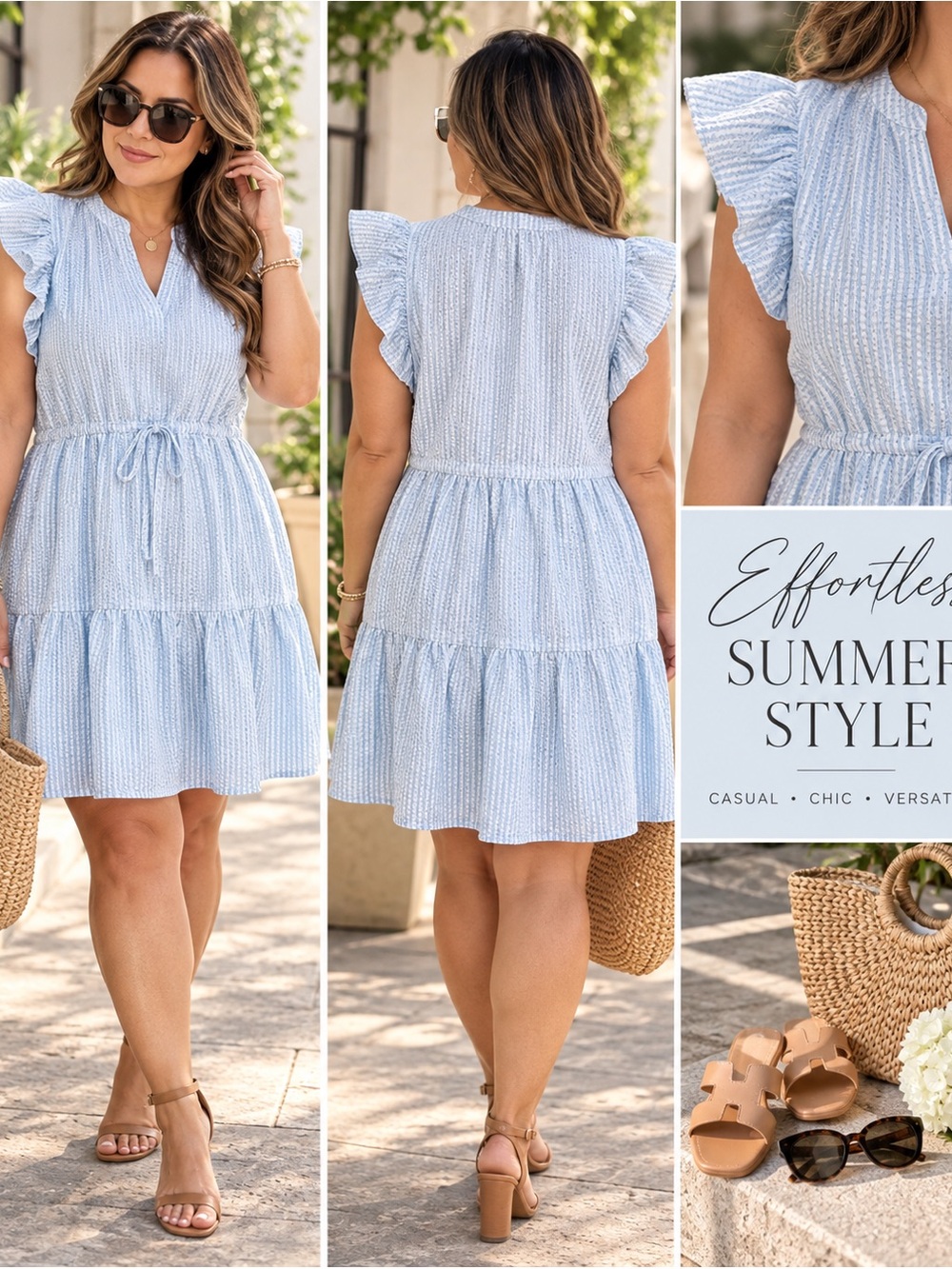 Blue White Seersucker Flutter Sleeve Tiered Dress